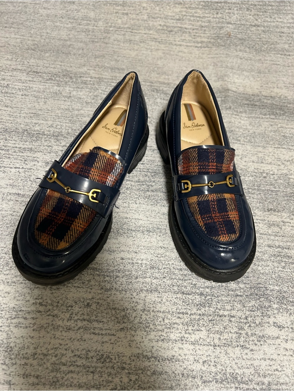 Sam Edelman Navy Plaid Bit-Detail Loafers